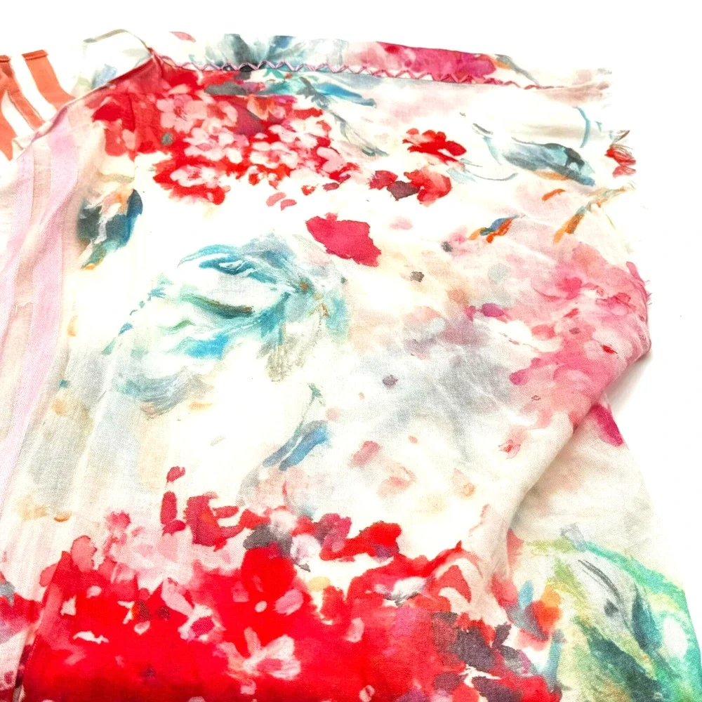 LAGUNA Watercolor Floral Silk Cotton Long Open Swim Cover Up Kaftan Kimono Boho‎